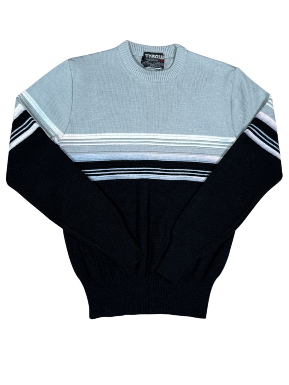 Vintage Tyrolia Women’s Wool Blend Blue and Black Stripe Ski Sweater Small